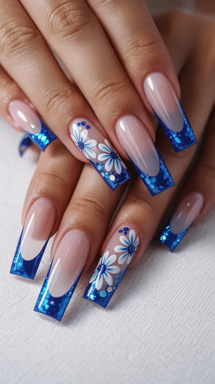 cute spring nails coffin 2026 Royal Blue Glitter French with Daisy Art