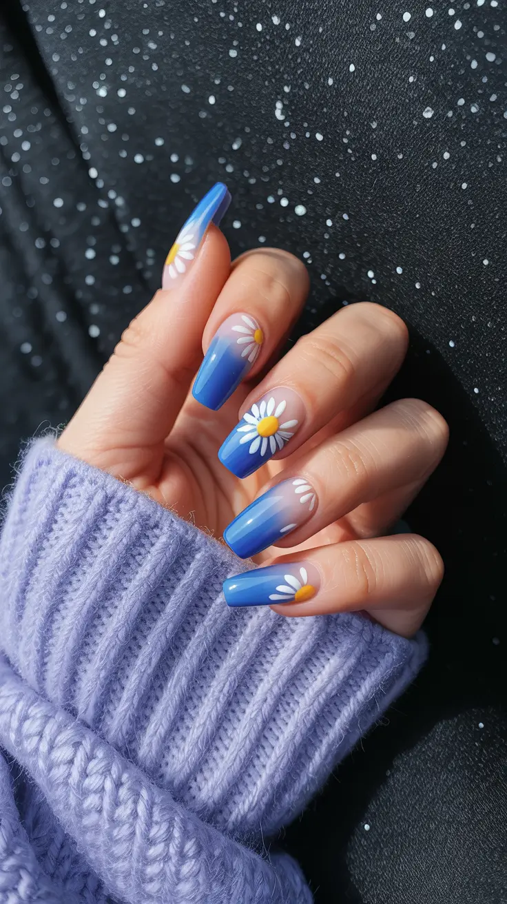 cute spring nails coffin 2026 Blue Ombre Daisies with Fresh Sky Energy