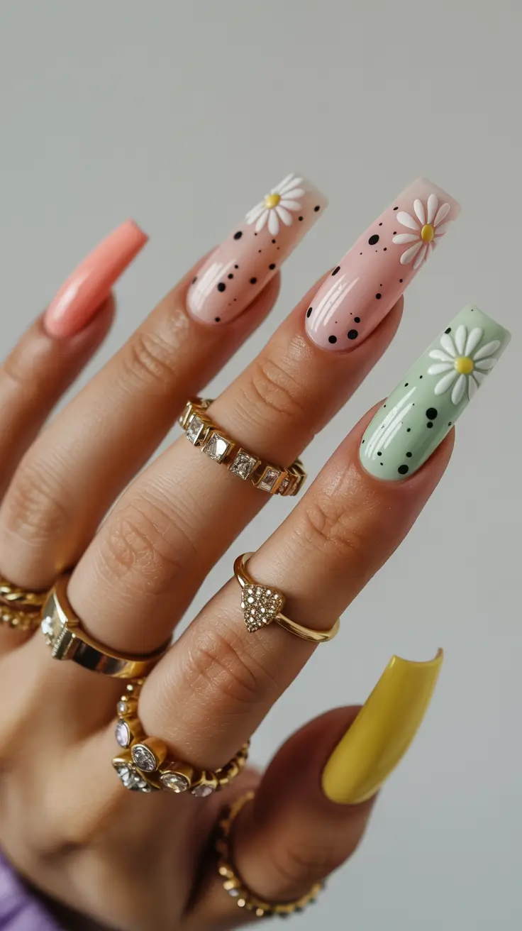 cute spring nails coffin 2026 Soft Peach and Sage with Speckled Florals