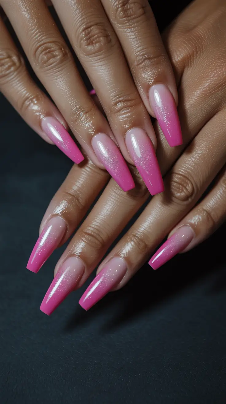 cute spring nails coffin 2026 Hot Pink Glossy Ombre Glow