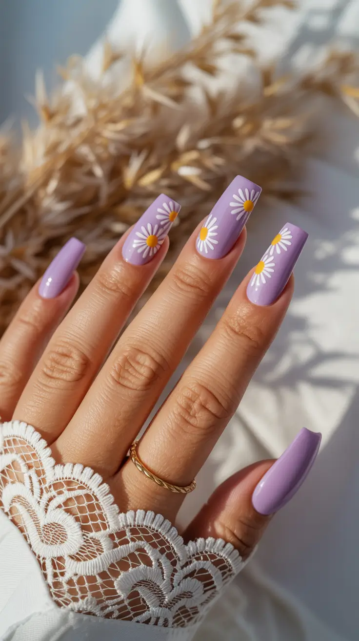 cute spring nails coffin 2026 Soft Lilac Bloom with Sunlit Dimension