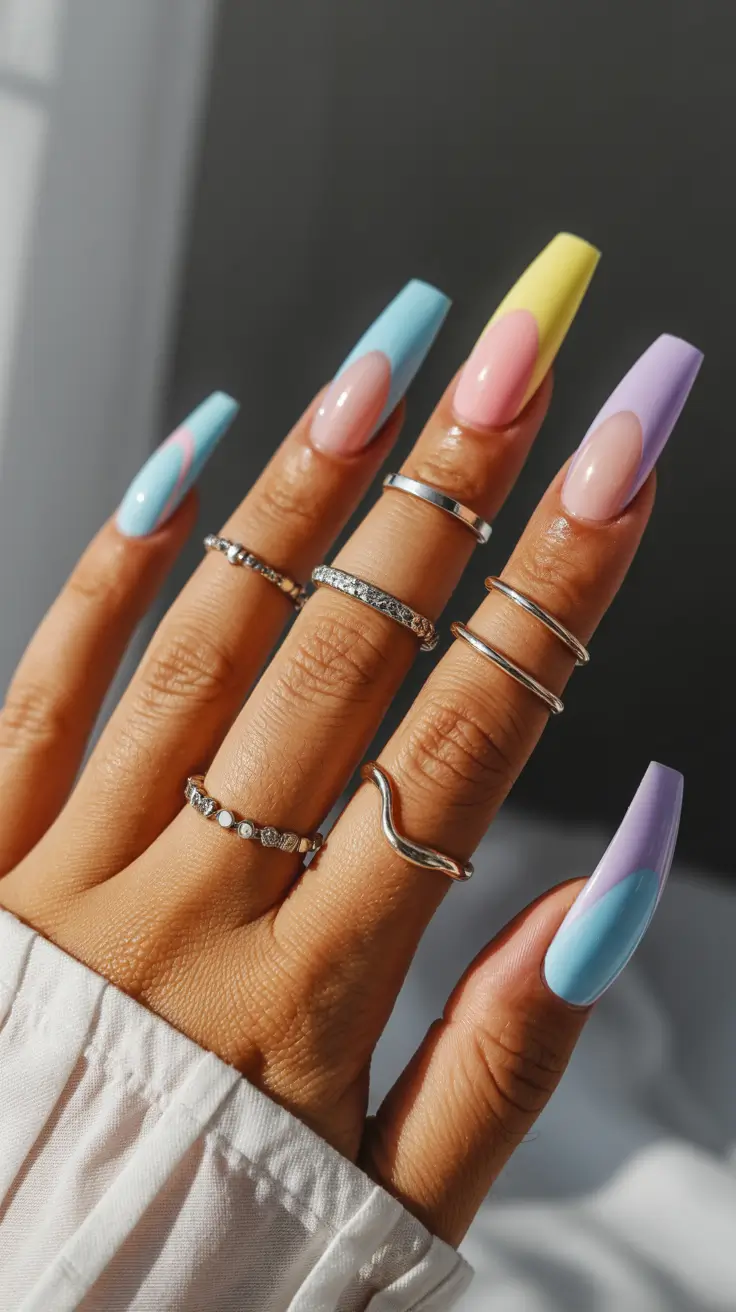 cute spring nails coffin 2026 Color Block Pastel French Remix