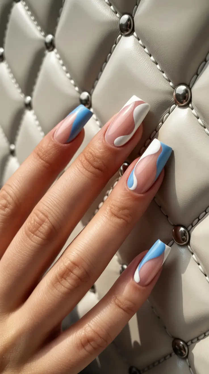 cute spring nails coffin 2026 Sky Blue and Milky White Swirl Energy