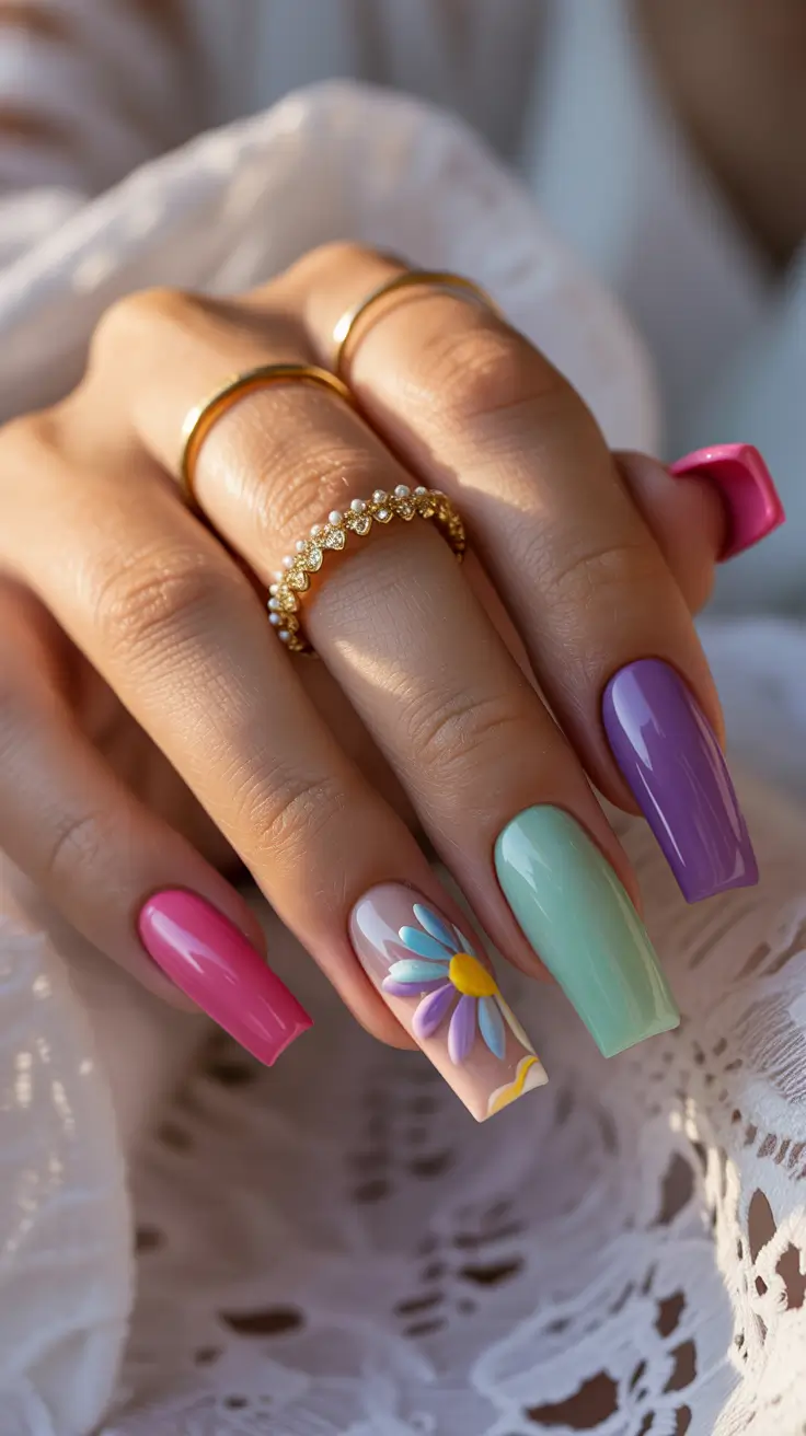 cute spring nails coffin 2026 Playful Pastel Mix with Statement Daisy Accent
