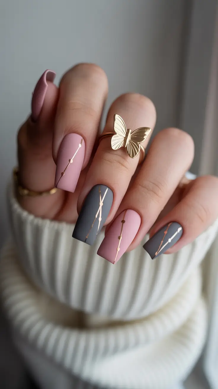 cute spring nails coffin 2026 Muted Blush and Slate with Gold Line Detailing
