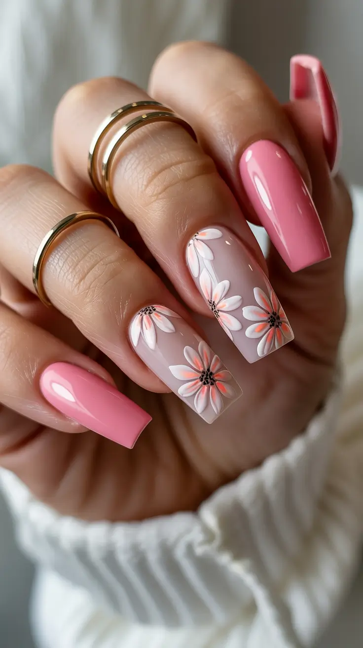 cute spring nails coffin 2026 Coral Blush Florals with Soft Contrast