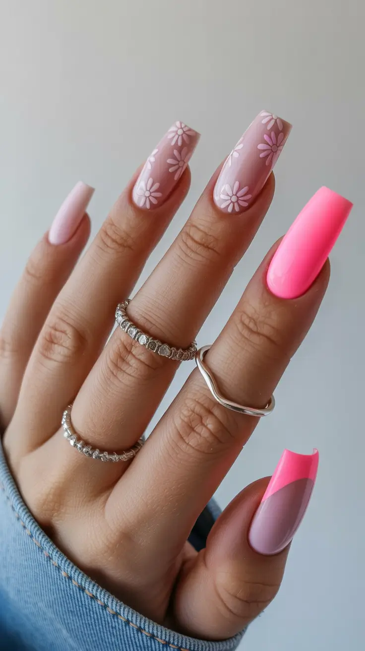 cute spring nails coffin 2026 Matte Pink and Micro Daisy Minimalism