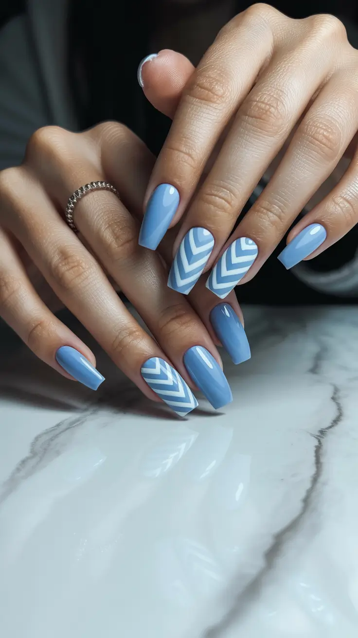 cute spring nails coffin 2026 Powder Blue Chevron Graphic Lines