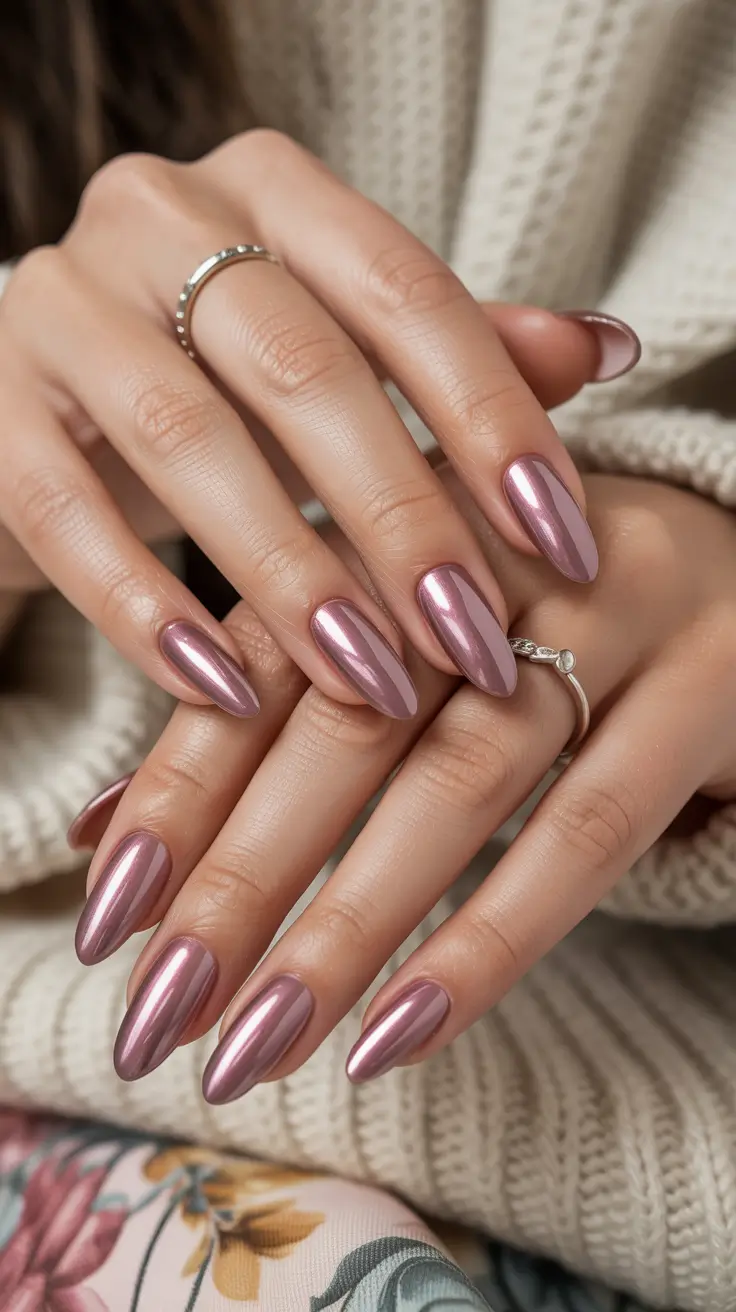 cute spring nails for pale skin 2026 Rose Chrome Almond for Soft Metallic Glow
