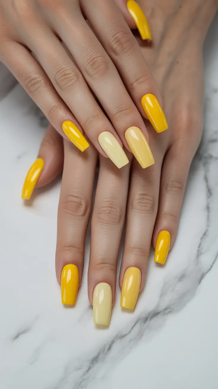cute spring nails for pale skin 2026 Sunny Yellow Duo for Bold Spring Energy
