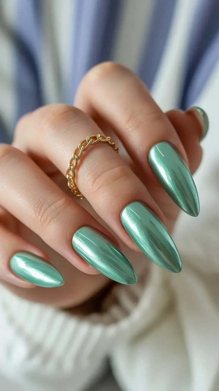 cute spring nails for pale skin 2026 Metallic Mint Almond for Elevated Freshness