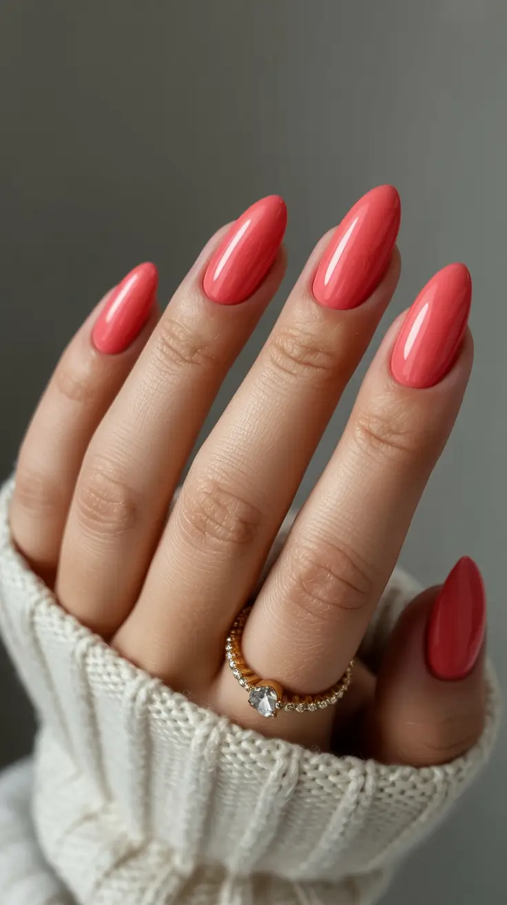 cute spring nails for pale skin 2026 Juicy Coral Almond for Instant Warmth