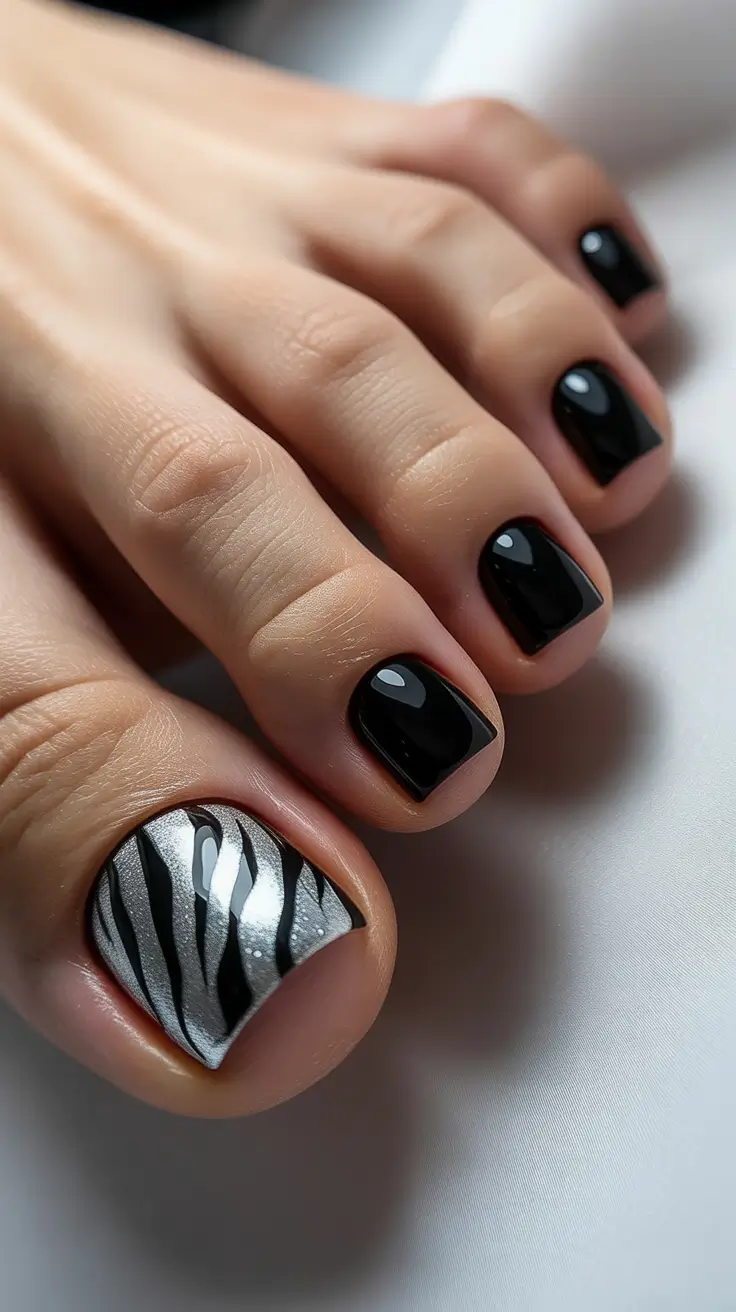 cute spring toe nail color 2026 Glossy Black with Zebra Accent