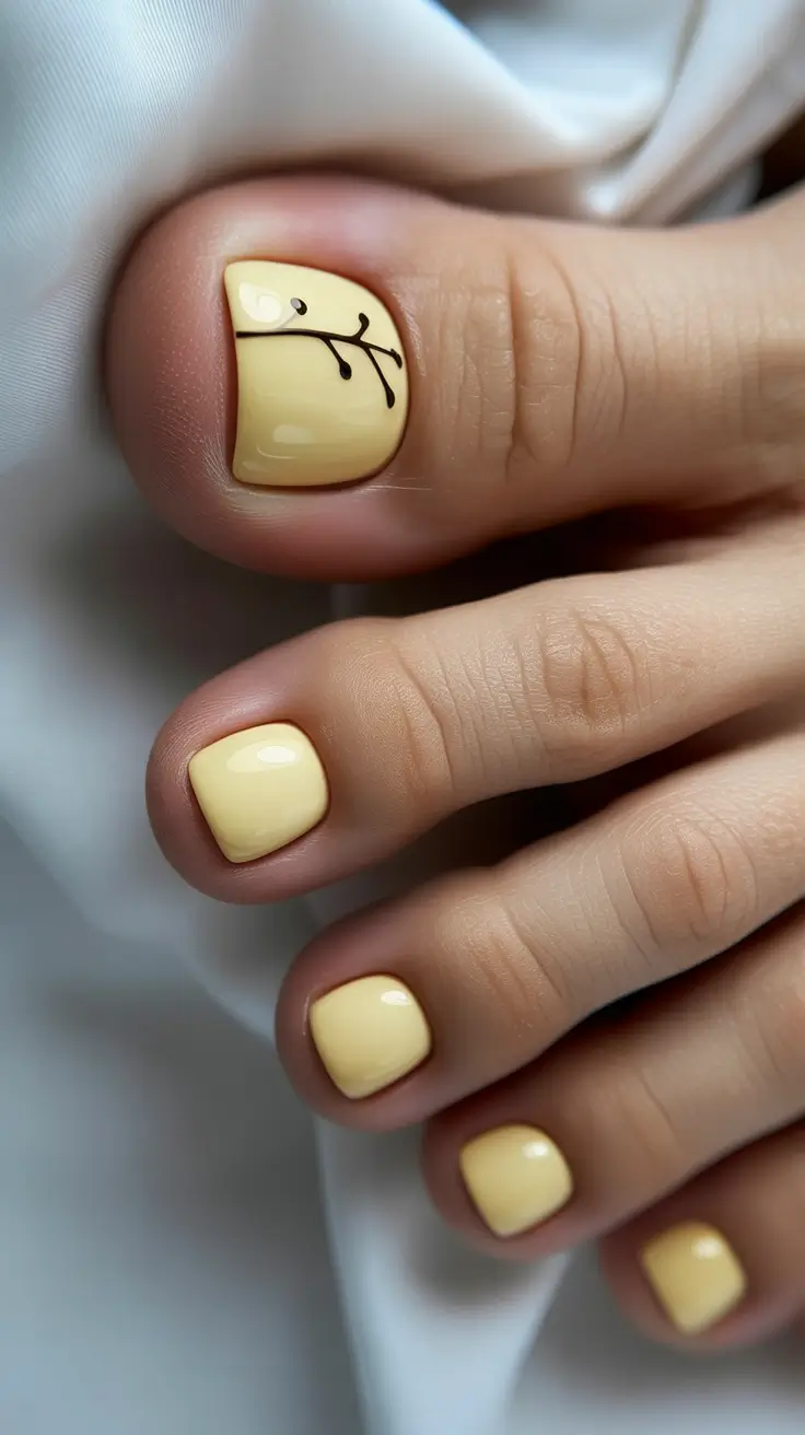 cute spring toe nail color 2026 Butter Yellow with Minimal Branch Detail