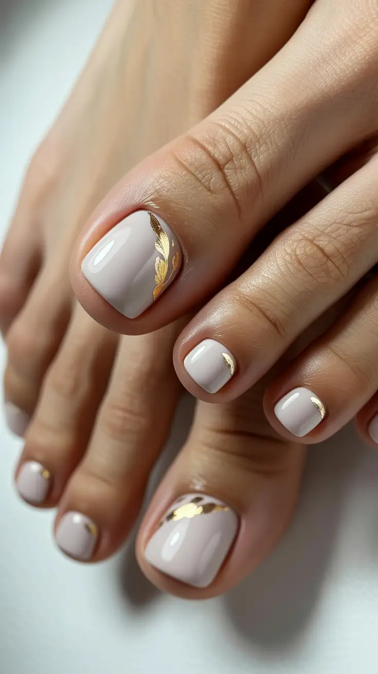 cute spring toe nail color 2026 Soft Taupe with Gold Foil Accent