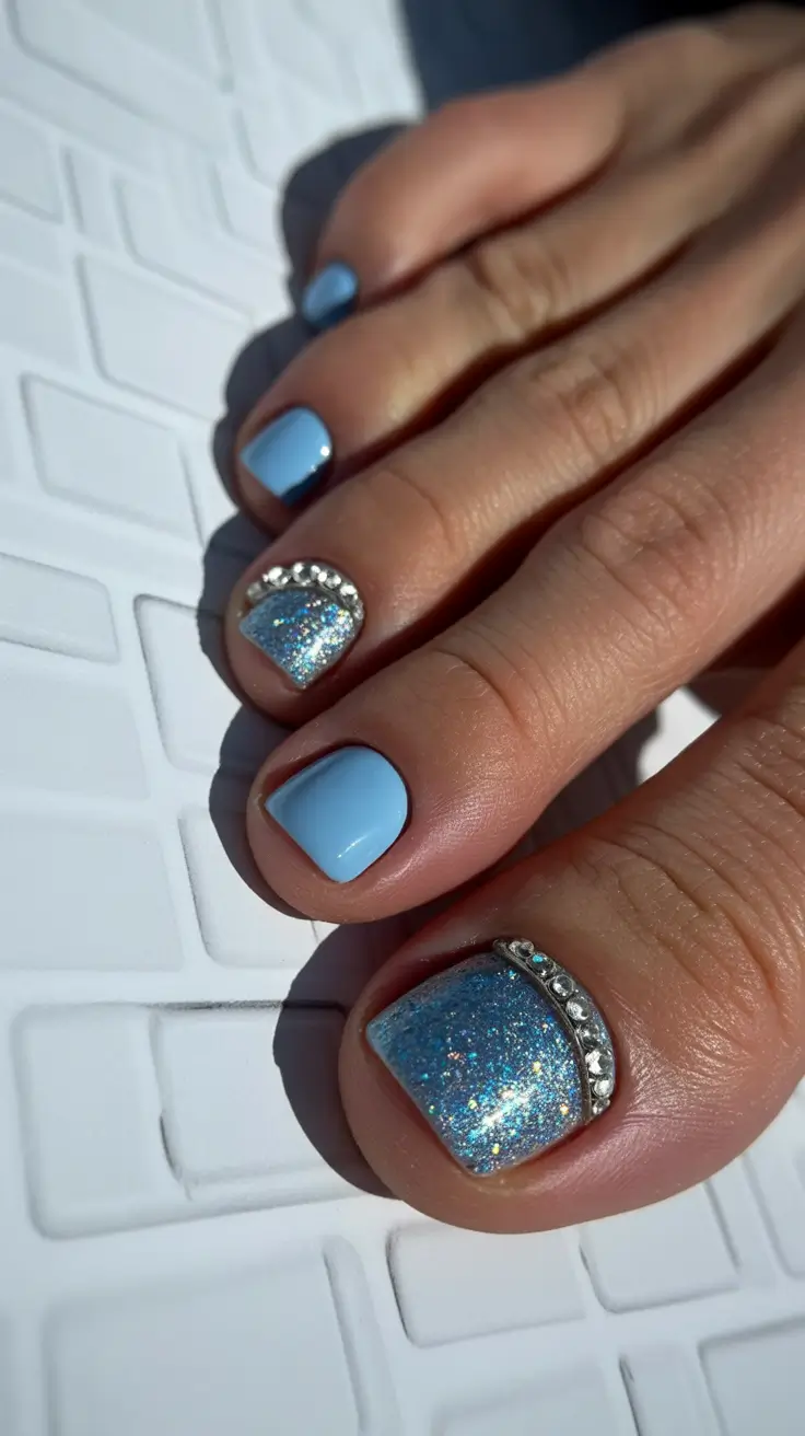 cute spring toe nail color 2026 Sky Blue Glitter Glam with Crystal Line