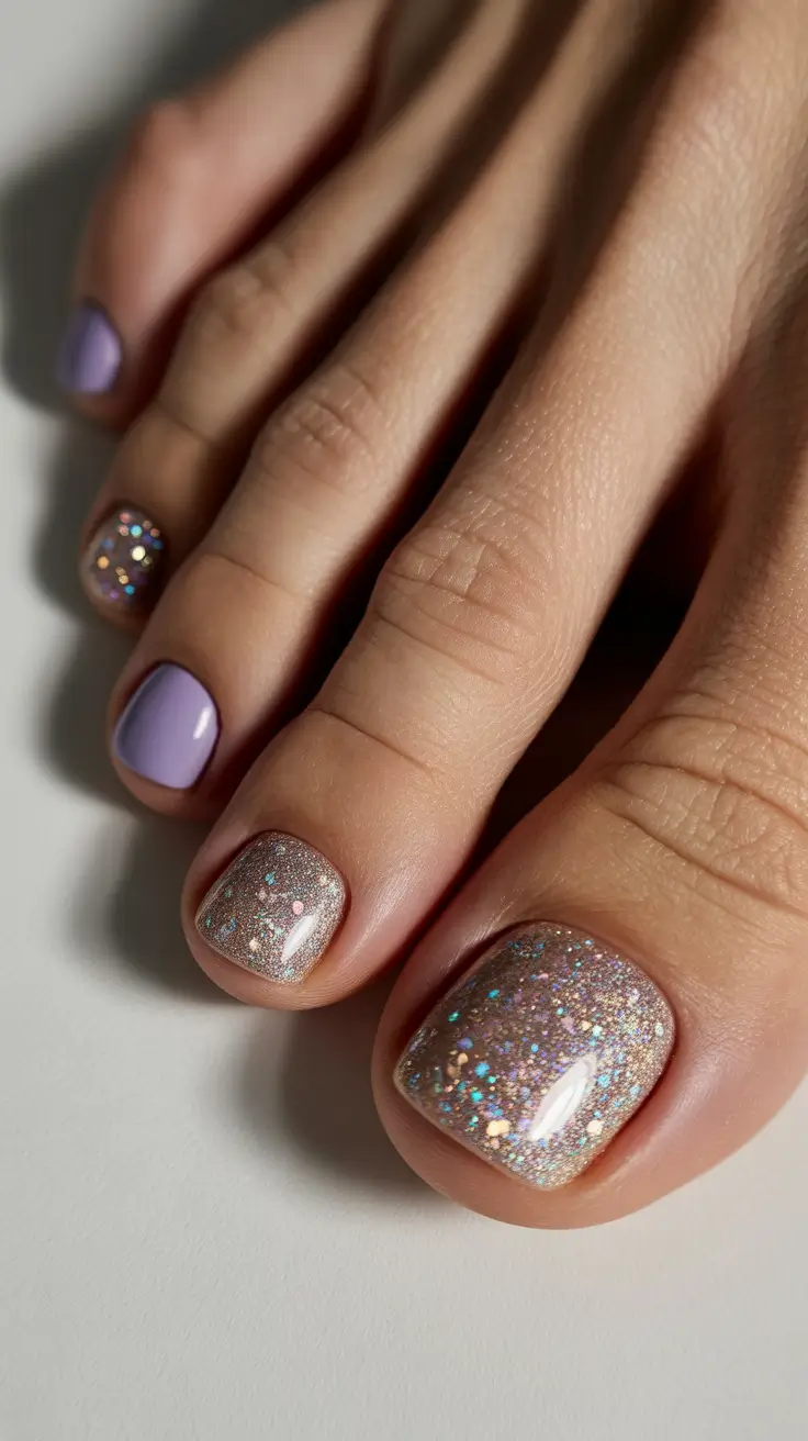 cute spring toe nail color 2026 Lilac and Champagne Micro Glitter Mix