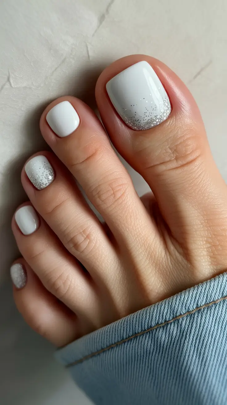 cute spring toe nail color 2026 Soft White with Silver Dust Accent