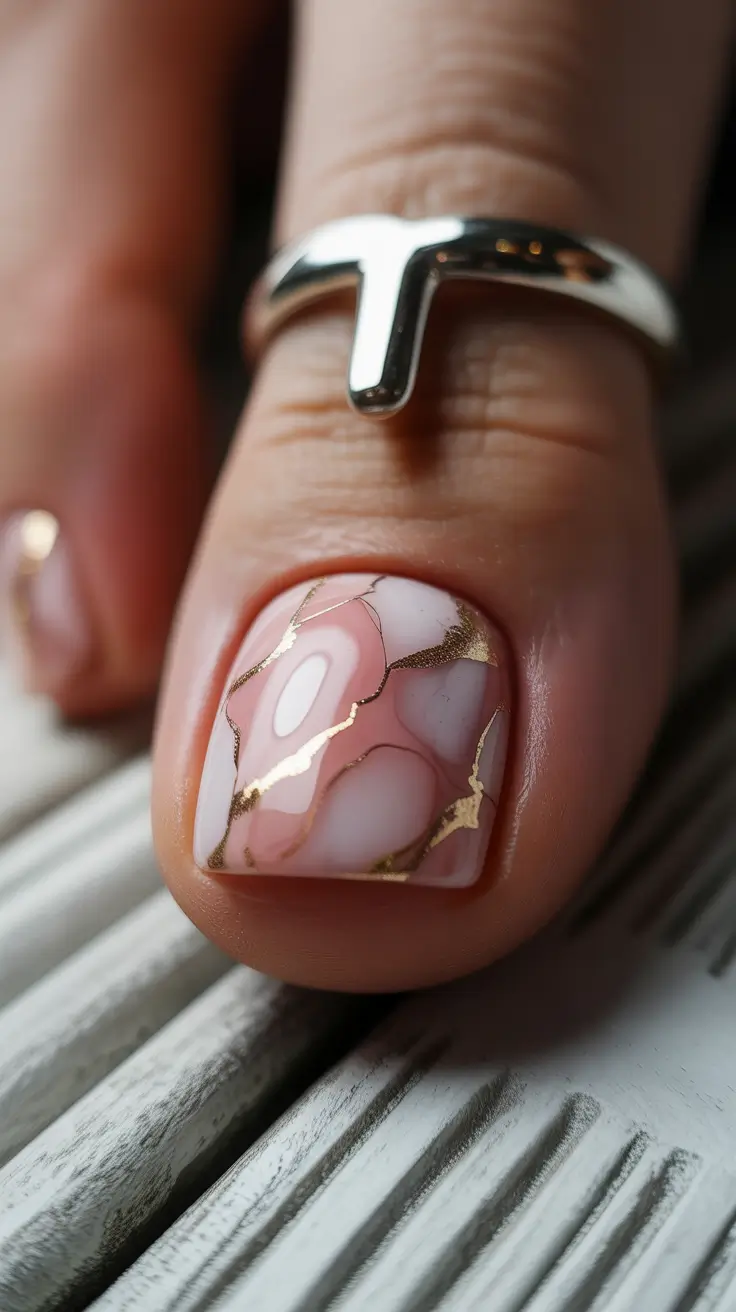 cute spring toe nail color 2026 Blush Marble with Gold Veining