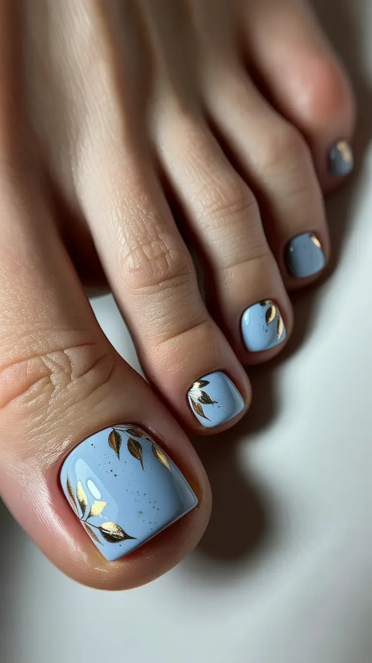 cute spring toe nail color 2026 Powder Blue with Golden Leaf Detail