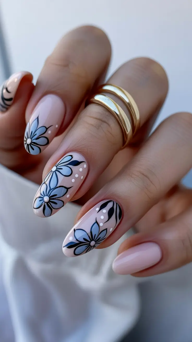 dreamy blue spring nails 2026 Powder Blue Florals on a Milky Nude Base