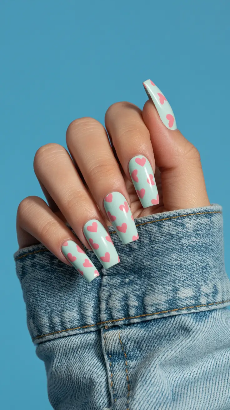 dreamy blue spring nails 2026 Mint Blue with Playful Pink Hearts