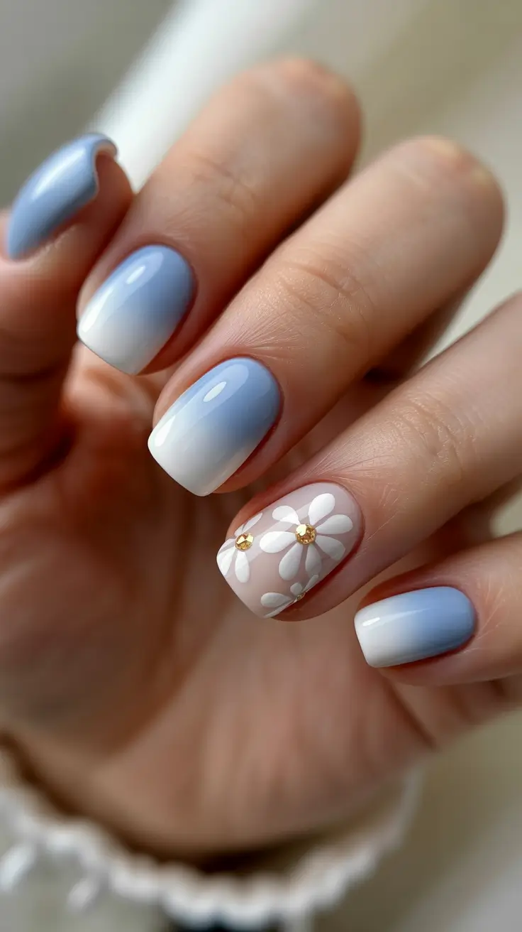 dreamy blue spring nails 2026 Powder Blue Fade with Golden Daisy Accent