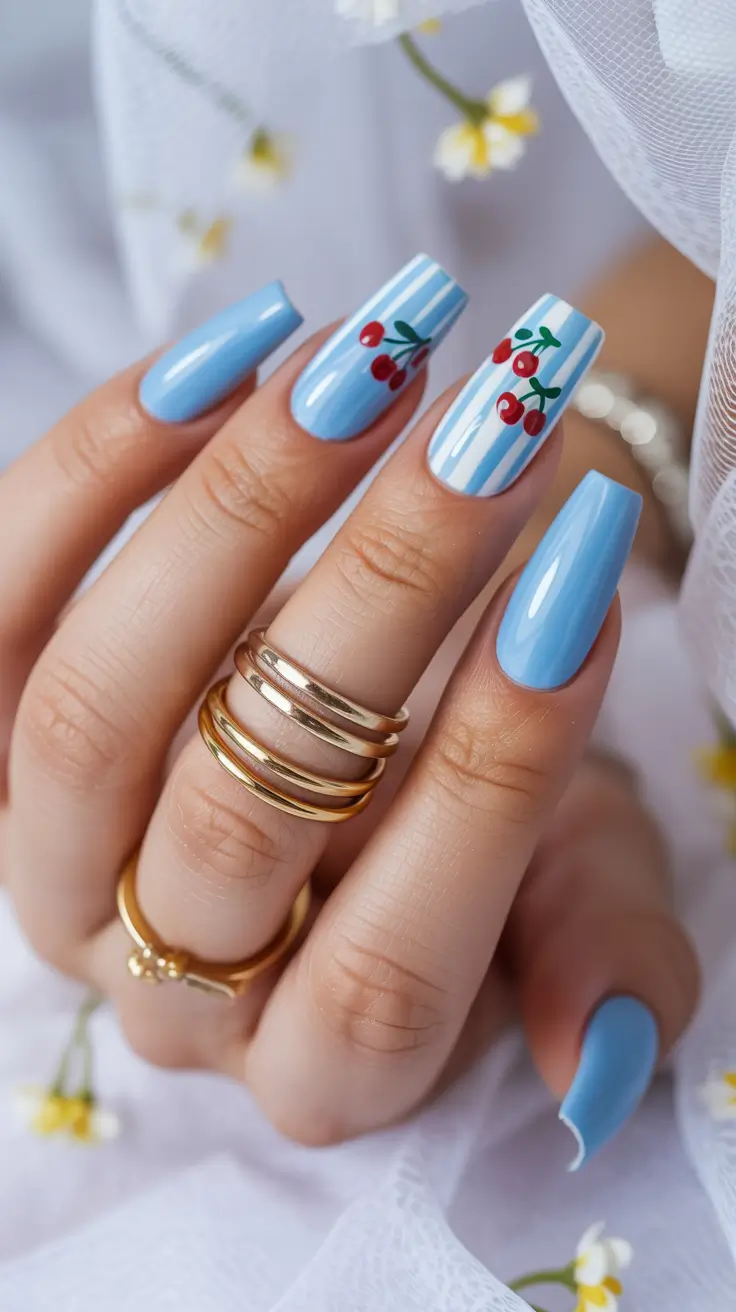 dreamy blue spring nails 2026 Sky Blue Stripes with Cherry Pop Art