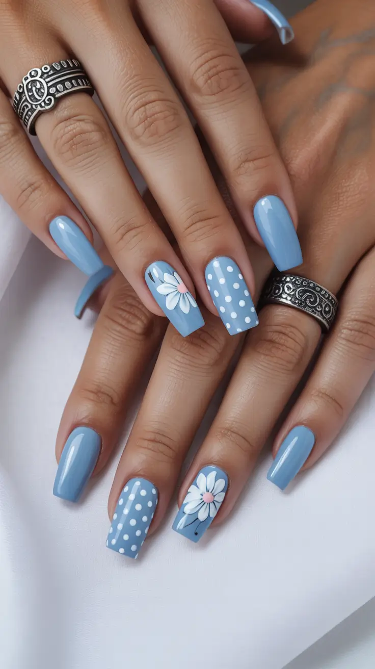 dreamy blue spring nails 2026 Soft Cornflower Blue with Polka Dots and Daisy Art