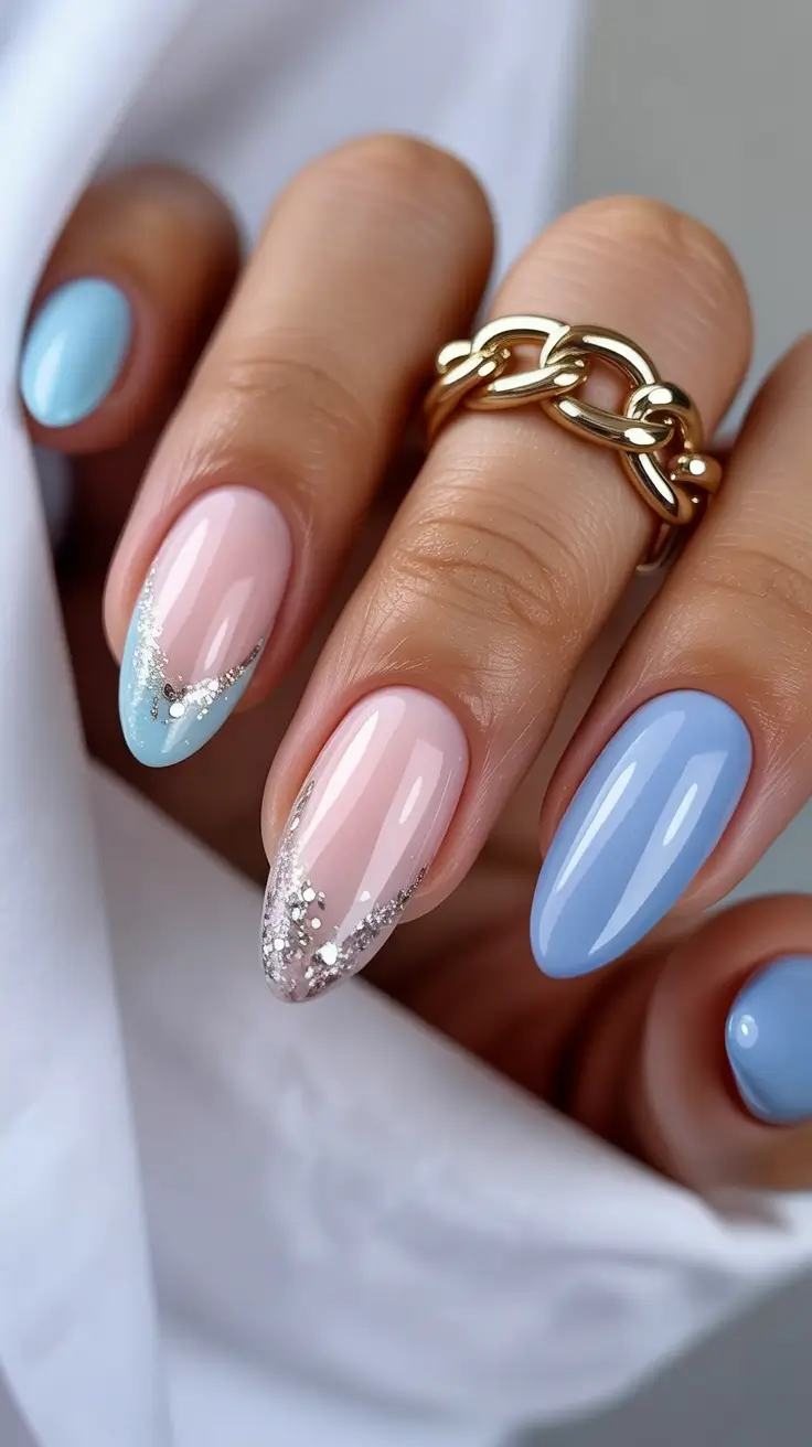 dreamy blue spring nails 2026 Blush and Baby Blue with Silver Glitter Frame