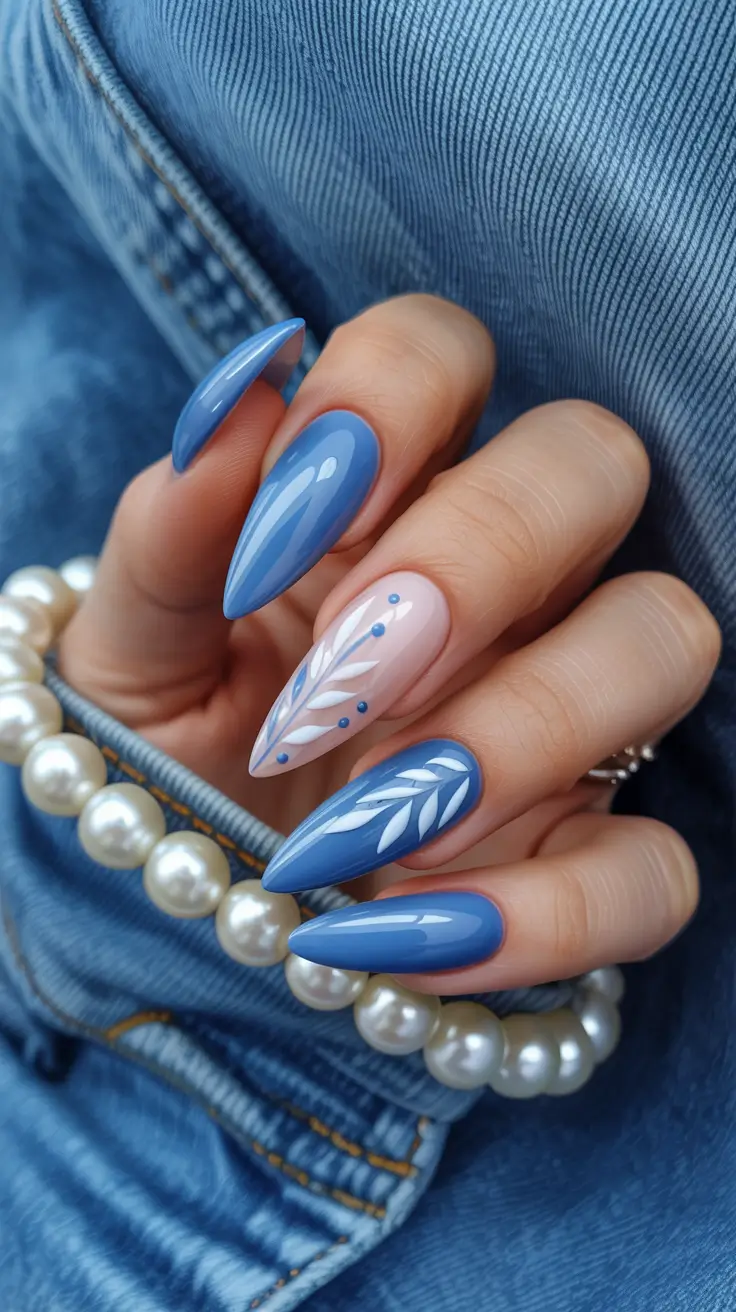 dreamy blue spring nails 2026 Denim Blue Almond with White Botanical Detailing