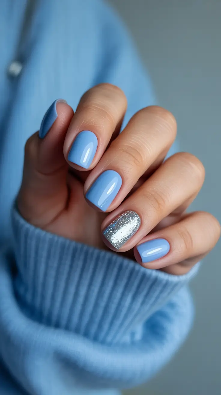 dreamy blue spring nails 2026 Soft Baby Blue with Silver Glitter Accent