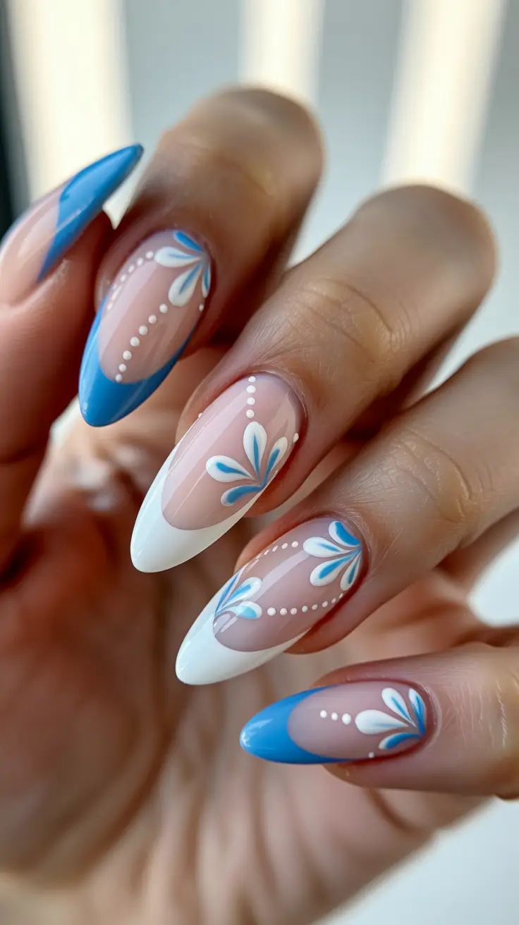 dreamy blue spring nails 2026 Blue and White French with Delicate Petal Art