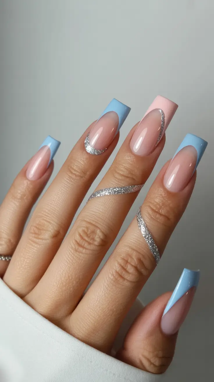 dreamy blue spring nails 2026 Pastel French with a Silver Crescent Twist