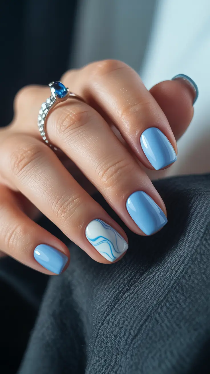 dreamy blue spring nails 2026 Minimal Sky Blue with Abstract Wave Accent