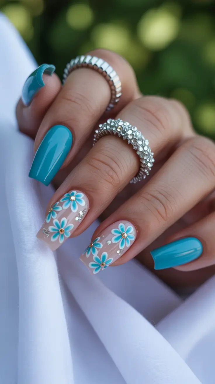 dreamy blue spring nails 2026 Turquoise Blooms with Crystal Dew Drops
