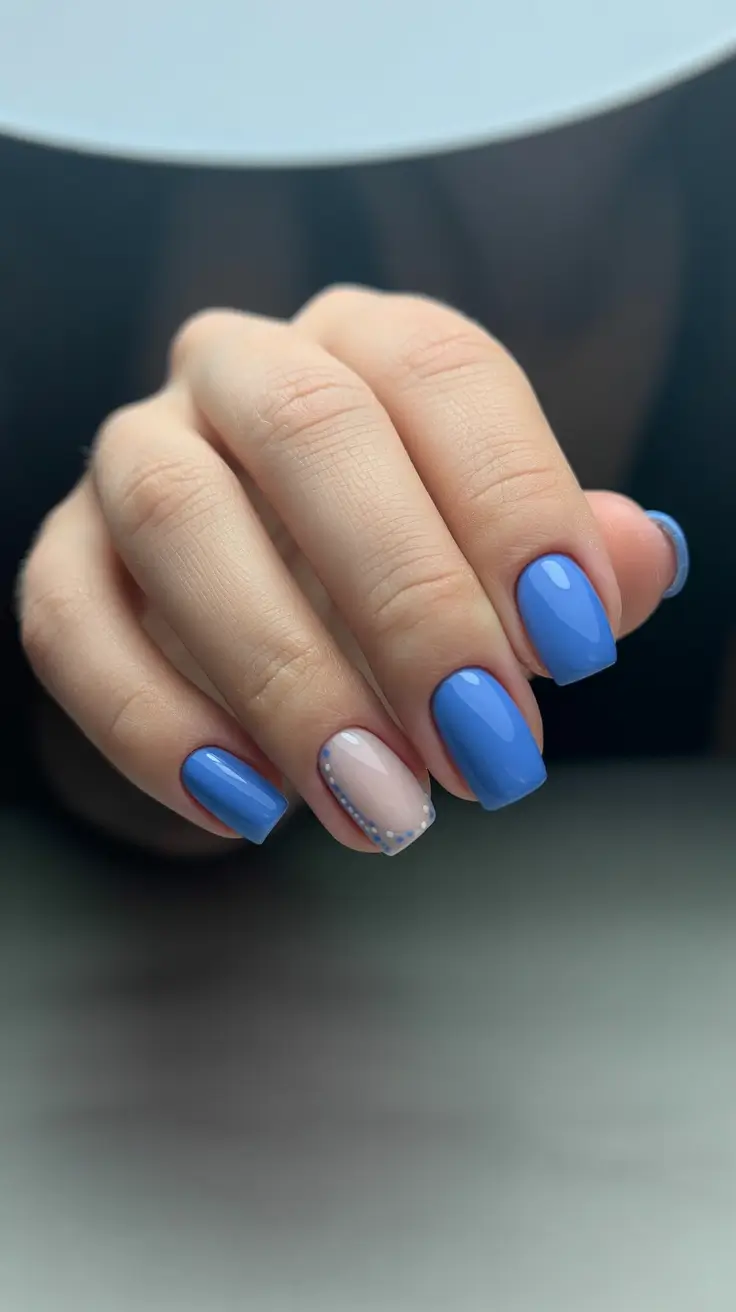 dreamy blue spring nails 2026 Soft Periwinkle Minimalism with a Dotted Accent