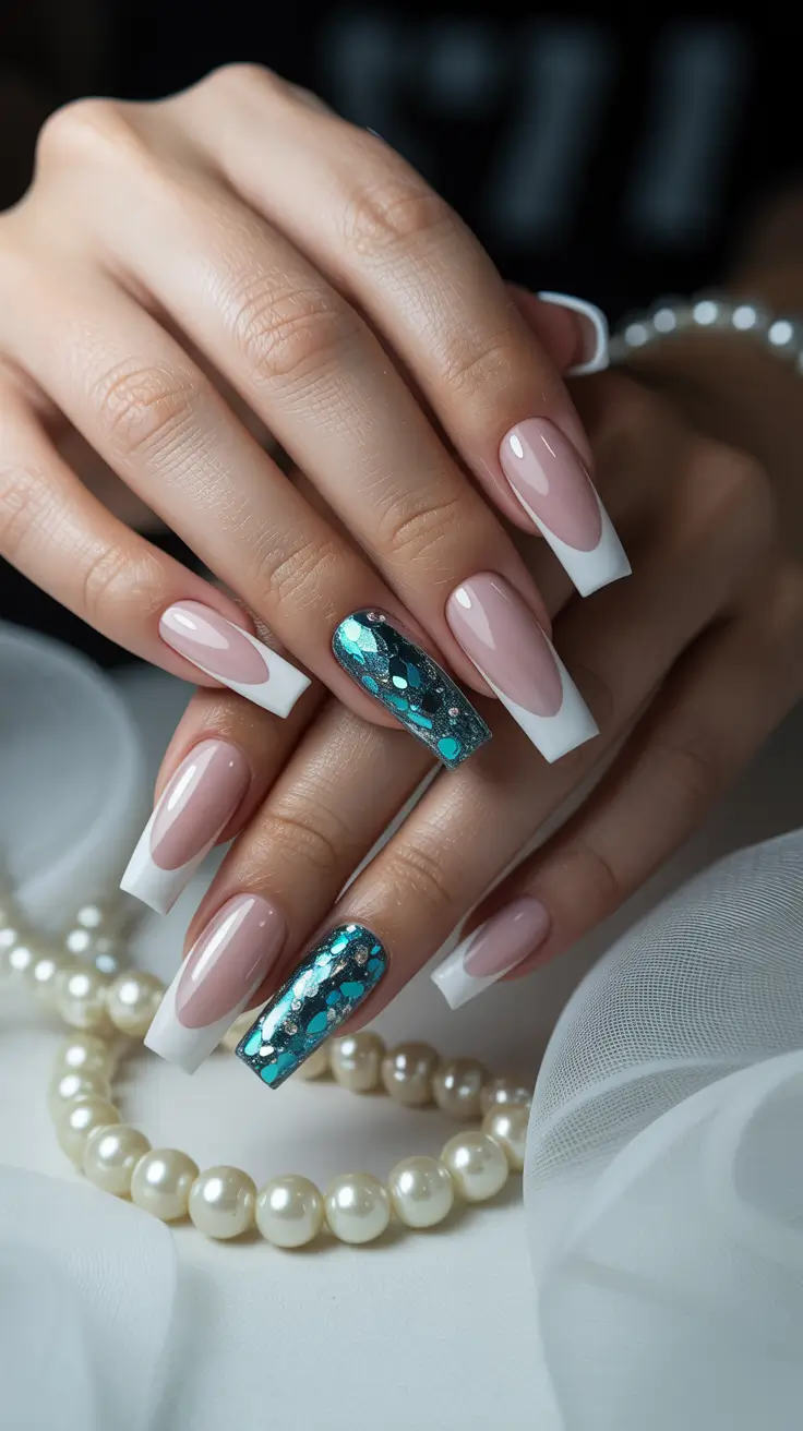 dreamy blue spring nails 2026 Classic French with Teal Glitter Statement