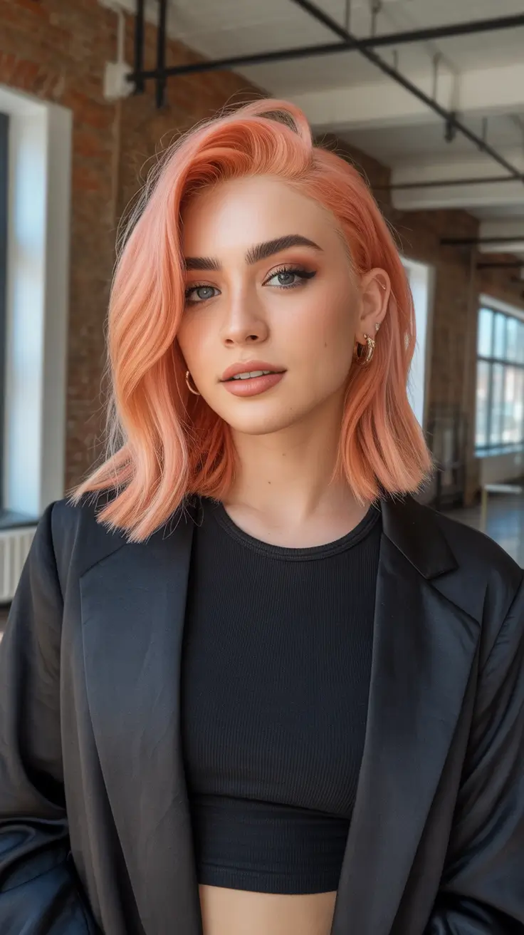 easy spring hair color ideas 2026 to look younger Peachy Blush Bob With Modern Confidence