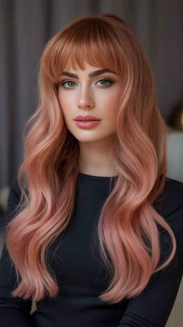easy spring hair color ideas 2026 to look younger Soft Rose Copper With Fringe Energy