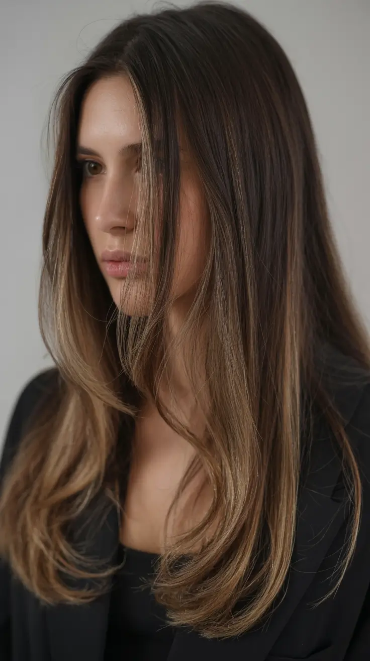 easy spring long haircuts styles 2026 Soft Contrast Brunette With Subtle Money Piece