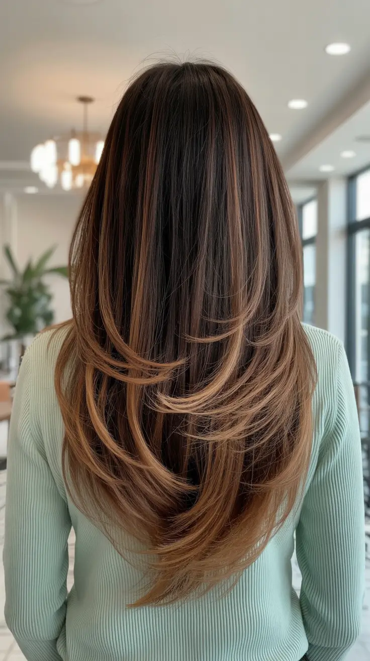 easy spring long haircuts styles 2026 Layered Chestnut Cascade With Sculpted Ends