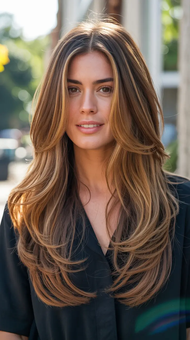 easy spring long haircuts styles 2026 Golden Brunette Layers With Soft Volume Around the Face