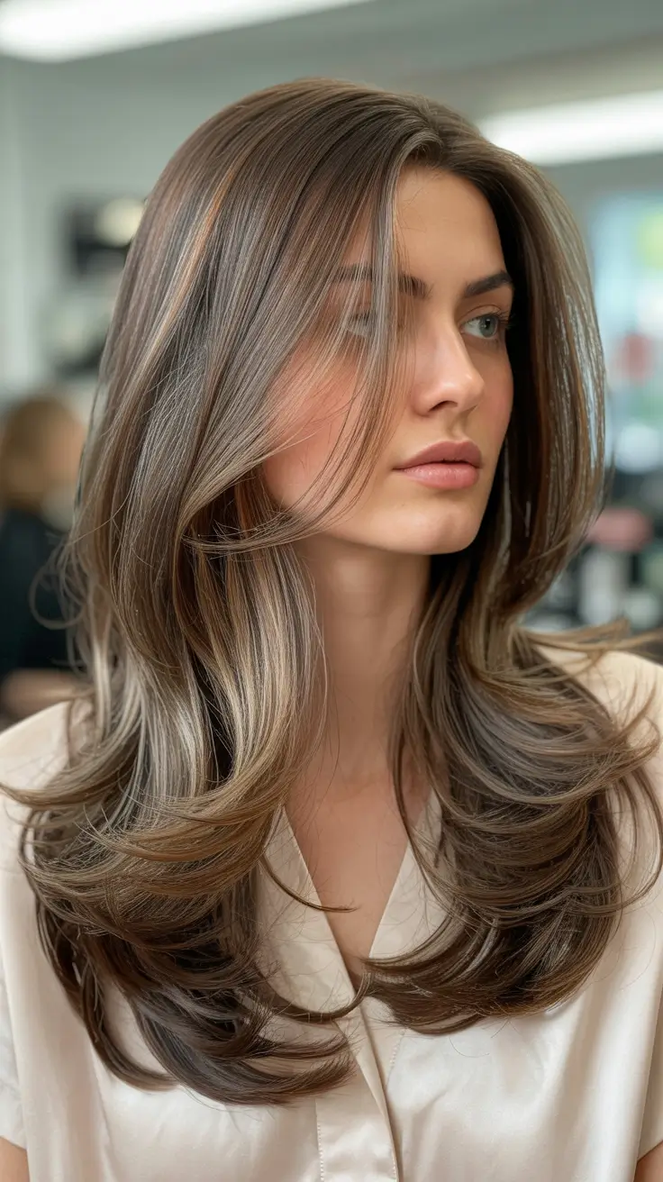 easy spring long haircuts styles 2026 Cool-Toned Ash Brunette With Feathered Layers