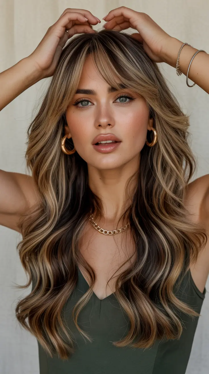 easy spring long haircuts styles 2026 Soft Balayage With Long Curtain Fringe