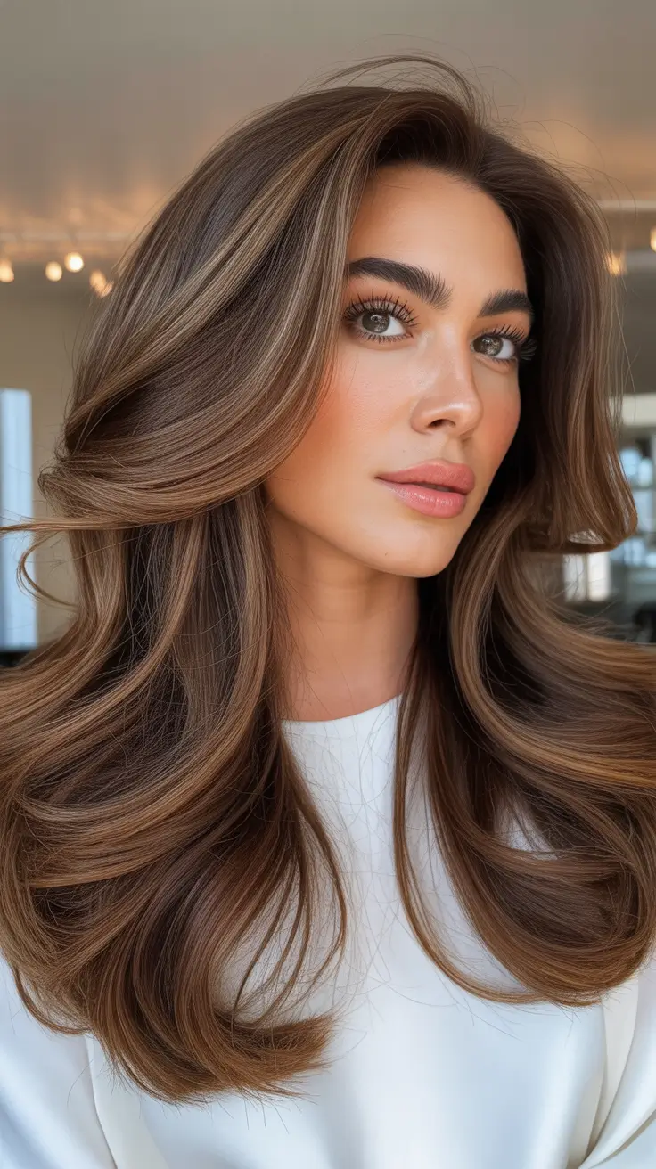 elegant spring balayage hair color 2026 Luxurious Caramel Balayage with Full Volume