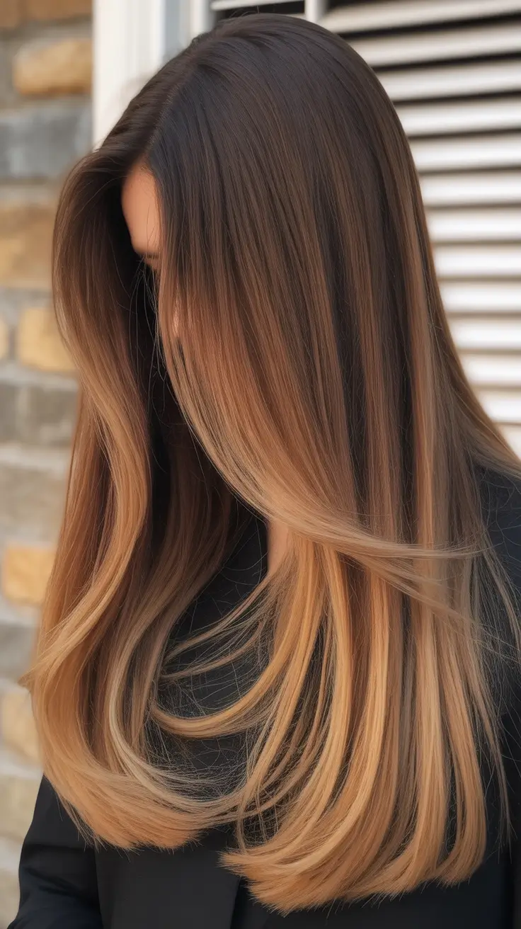 elegant spring balayage hair color 2026 Warm Caramel Balayage with Sleek Lengths