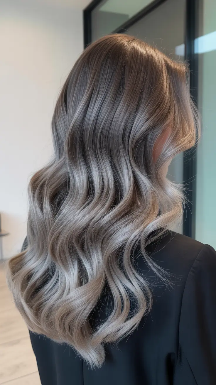 elegant spring balayage hair color 2026 Cool Silver-Beige Balayage with Modern Depth