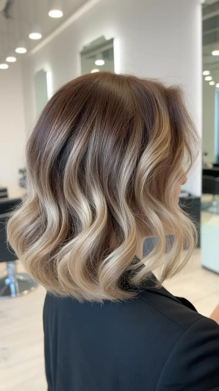 elegant spring balayage hair color 2026 Classic Beige Balayage on a Modern Lob