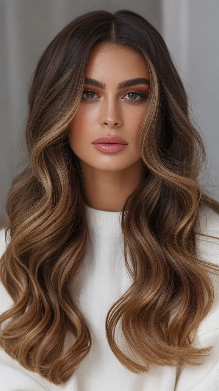 elegant spring balayage hair color 2026 Warm Brunette Balayage with Soft Dimension